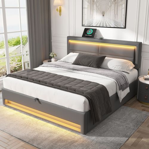Aura Sync Smart King Bed 5ft – Grey PU with LED, USB & Storage