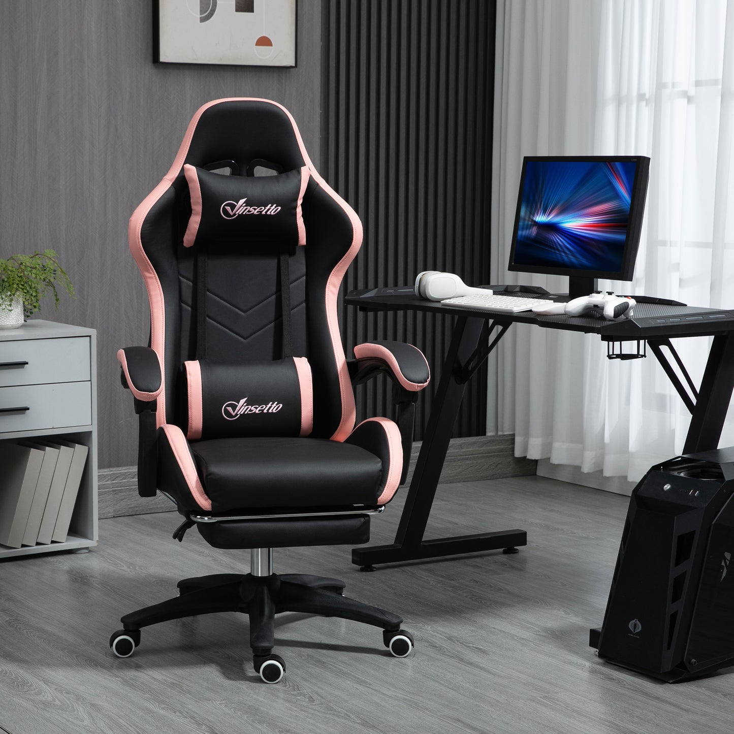 Vinsetto Computer Gaming Chair, PU Leather Office Desk Chair With Footrest, Swivel Wheels, 135° Reclining Back, Lumbar Support, Headrest For Home, Black And Pink