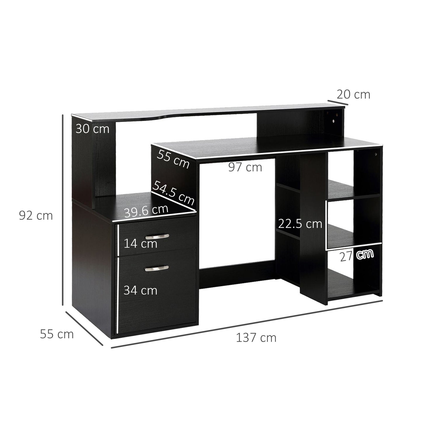 Computer Desk With Drawers And Storage Shelves, Office Desk Writing Table With Printer Stand, Large Workstation For Study Play Work Home Office, 137 X 55 X 92cm, Black