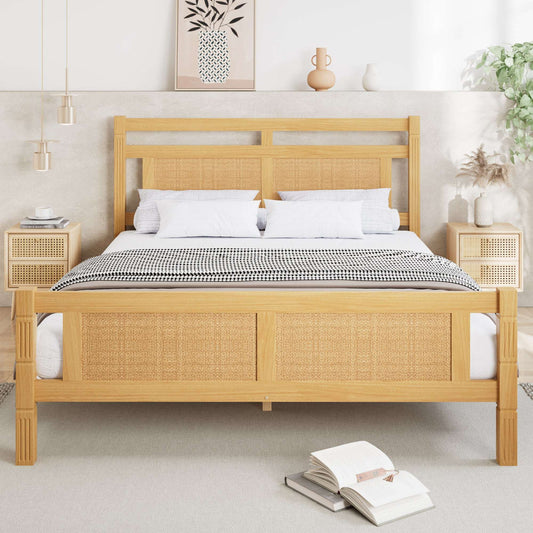 4ft6 Wooden Single Bed with Rattan Headboard