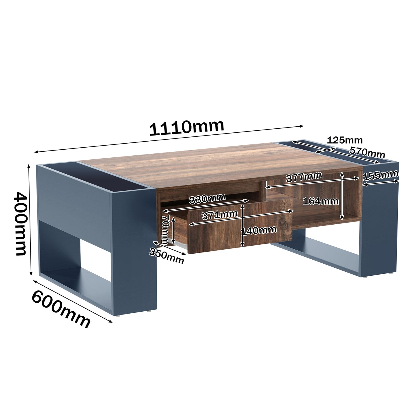 Wood Grain Coffee Table with Handleless Drawer & Double‑Sided Storage – Black/Grey