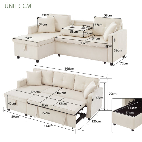 L‑Shaped Pull‑Out Sofa bed with Storage & USB