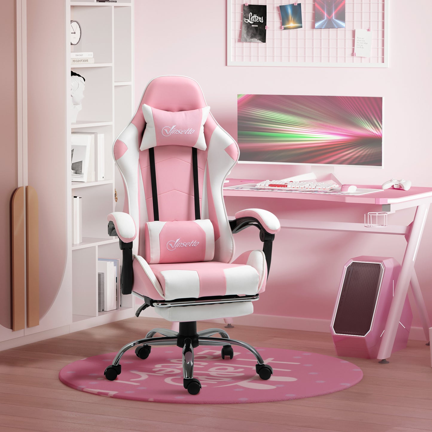 Vinsetto Ergonomic Gaming Chair, PU Leather Reclining Computer Chair With Footrest And Lumbar Support, Headrest And Adjustable Height For Adults, Pink
