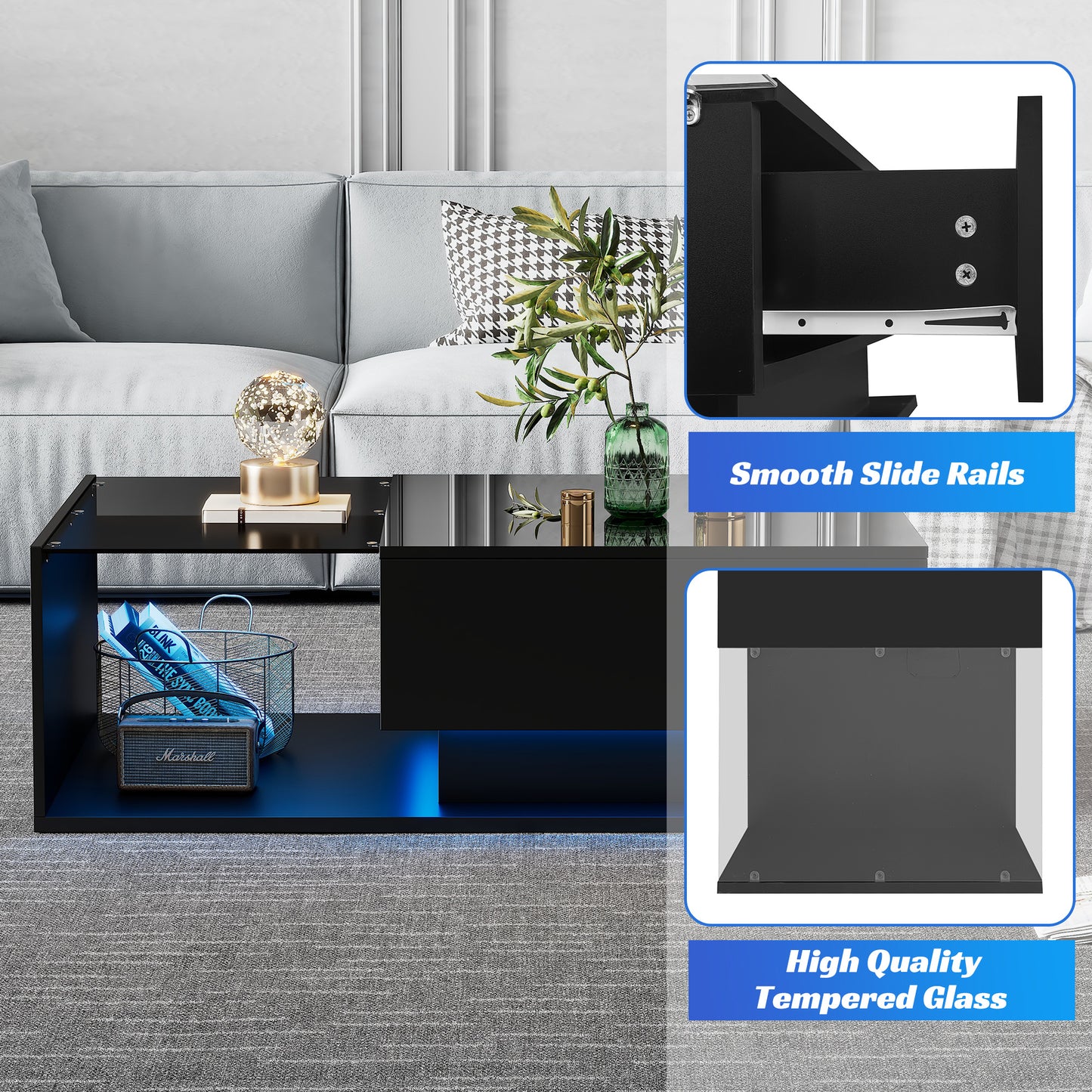 Black glass coffee table with smooth slide rails and high quality tempered glass in a living room setting.