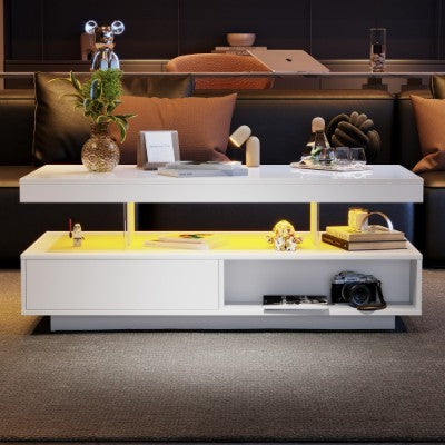 LED Coffee Table with 2 Drawers – White High‑Gloss