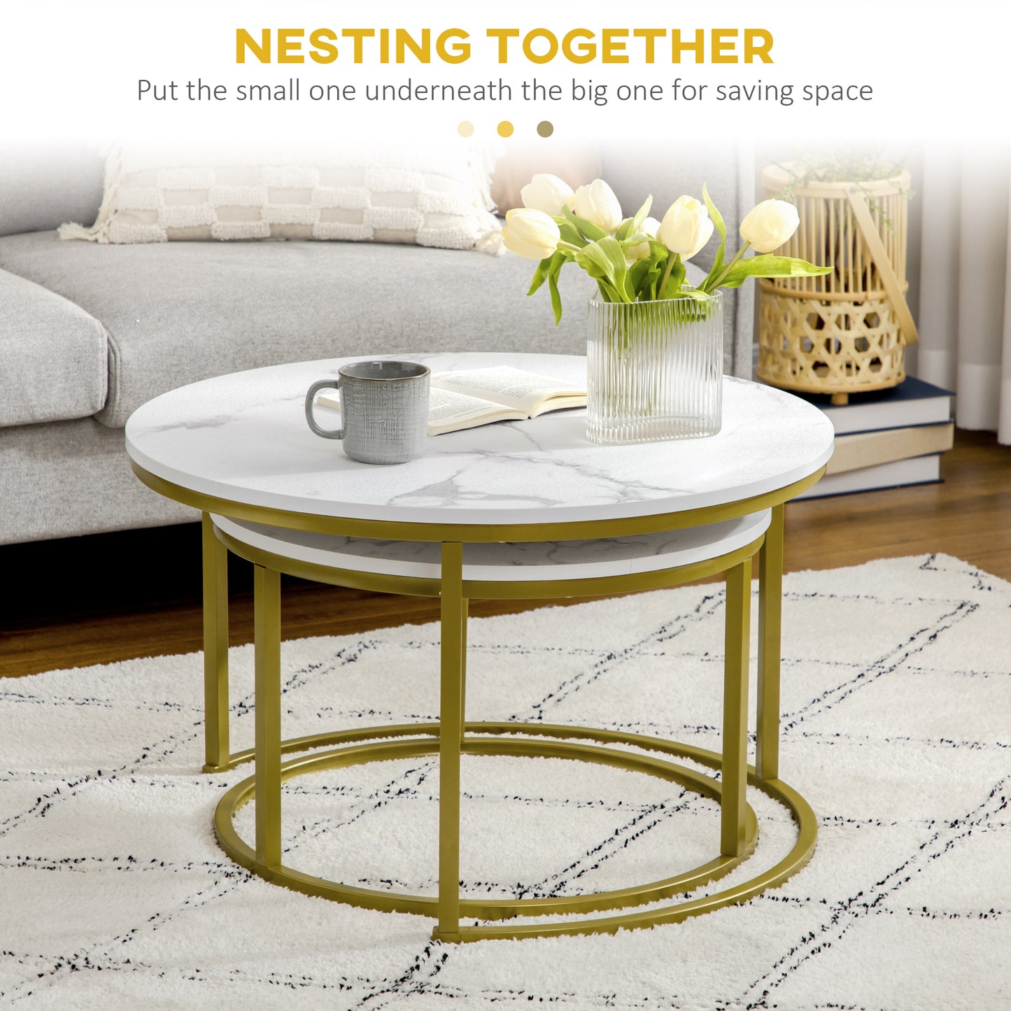 Set of 2 Round White Nesting Coffee Tables with Gold Metal Frame