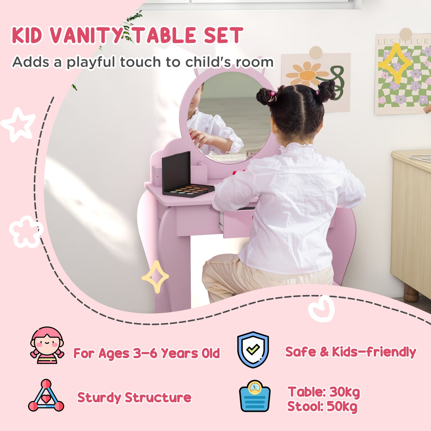 ZONEKIZ Kids Vanity Table With Mirror, Stool, Drawer, Storage Boxes, Cat Design, For Ages 3-6 Years - Pink