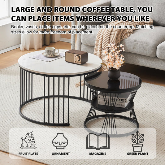 Helios Nesting Coffee Tables Set of 2 – Round Marble-Effect Top with Black Frame