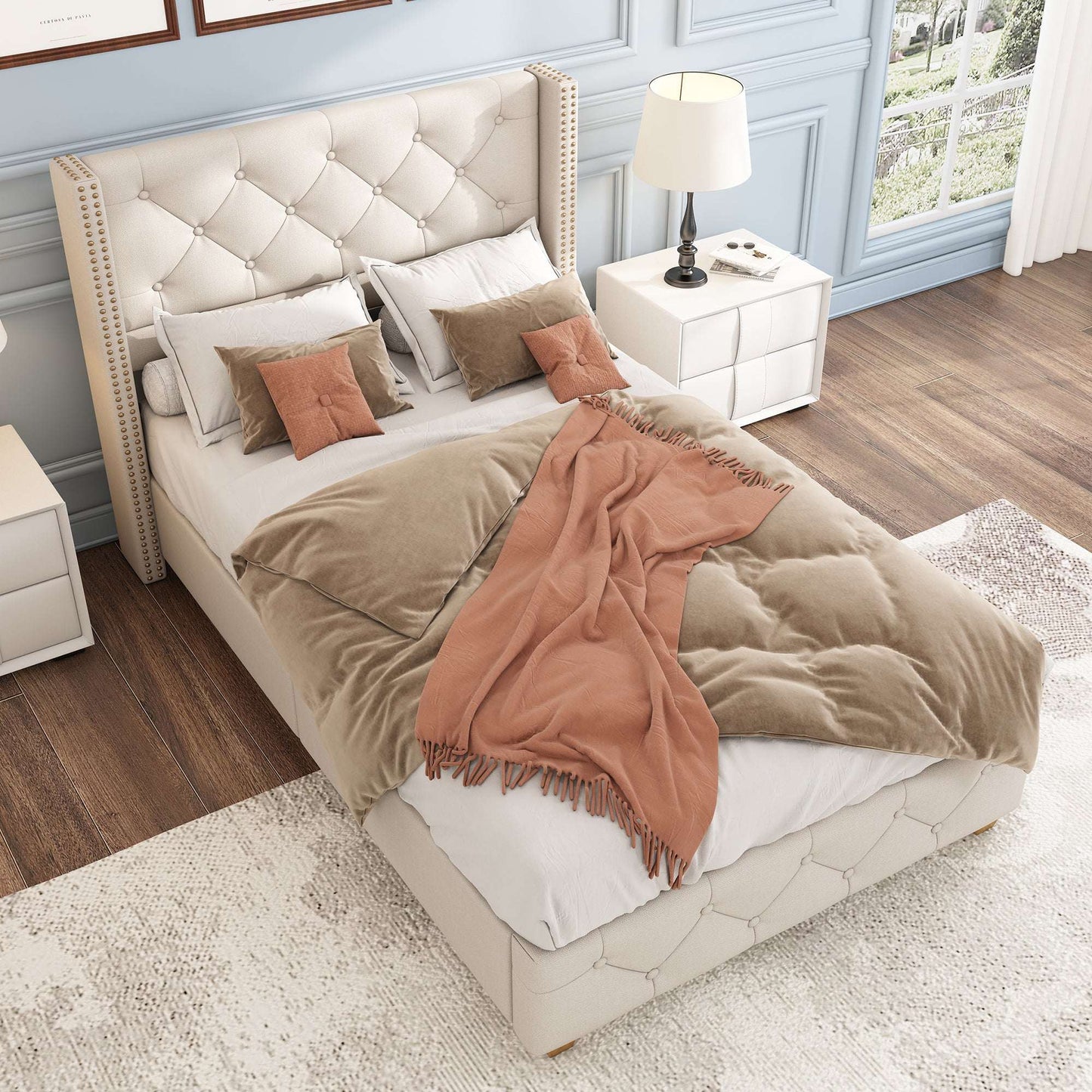 3ft Beige Upholstered Single Bed with Button Headboard