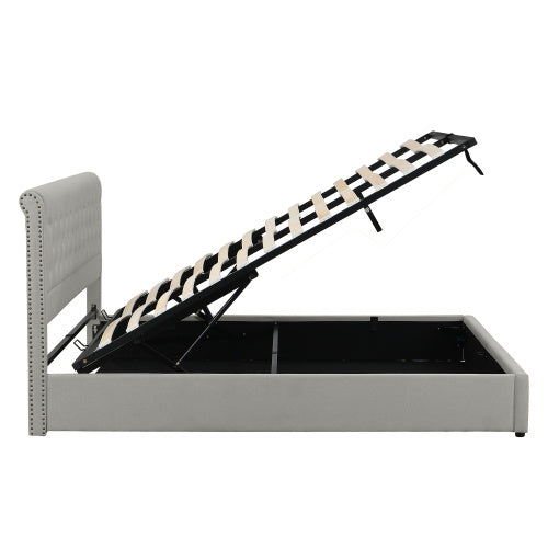 Upholstered Double Bed 4ft6 – Light Grey Linen with Storage & Rivets