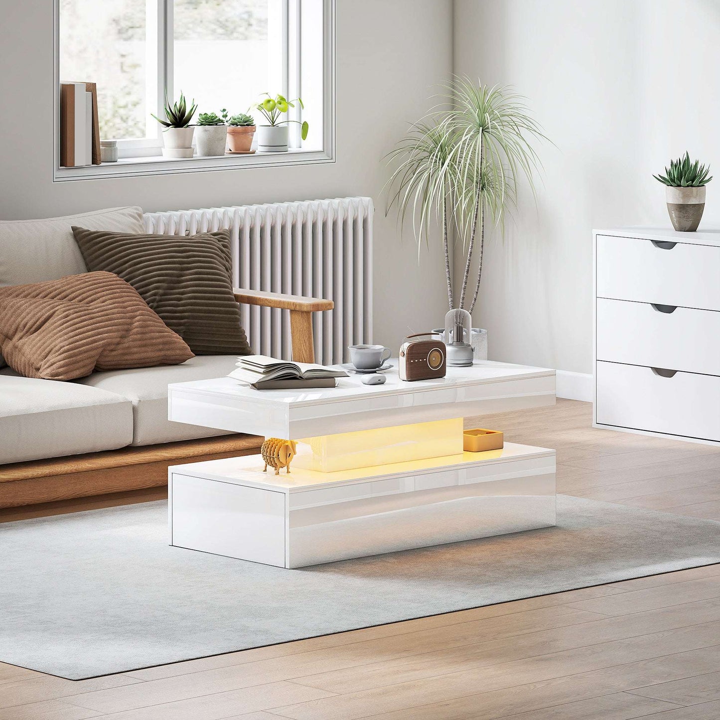 High Gloss White LED Coffee Table with Storage & Drawers