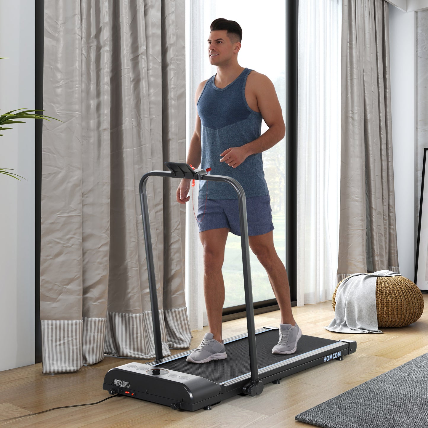 Foldable Walking Treadmill, With LED Display And Wheels, For Home, Office, Gym, Blue