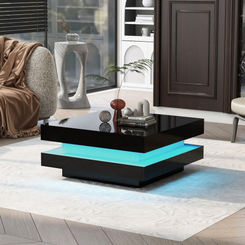 White Square High-Gloss Coffee Table 70x70cm – 360° Rotating Top with 16-Color LED