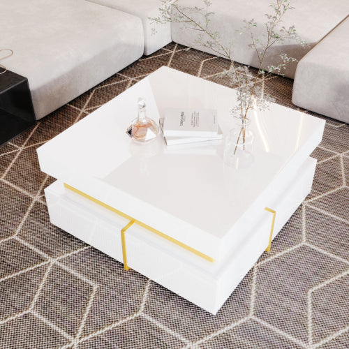 Block coffee table | High Gloss  with Gold Accents and Drawers – Black and White