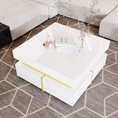 Block coffee table | High Gloss  with Gold Accents and Drawers – Black and White