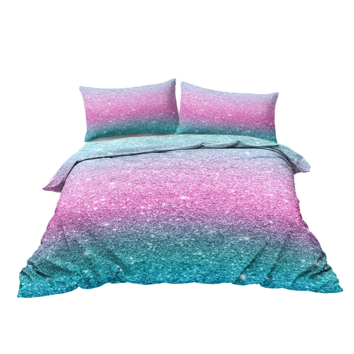 Celestial Dream Rainbow Glitter Ombre Bedding Set | 3-Piece Pastel Duvet Cover Set with 2 Pillow Shams, Purple Blue Green (Double/Full)