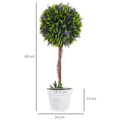 Set Of 2 Decorative Artificial Plants Ball Trees With Lavender Flowers In Pot Fake Plants For Home Indoor Outdoor Decor, 60cm, Green