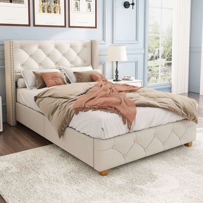3ft Beige Upholstered Single Bed with Button Headboard