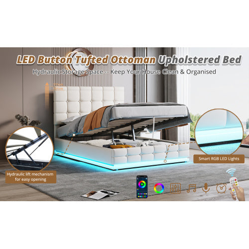 Aura Luxe Ottoman Storage Bed 4ft6 – Cream PU Leather with LED