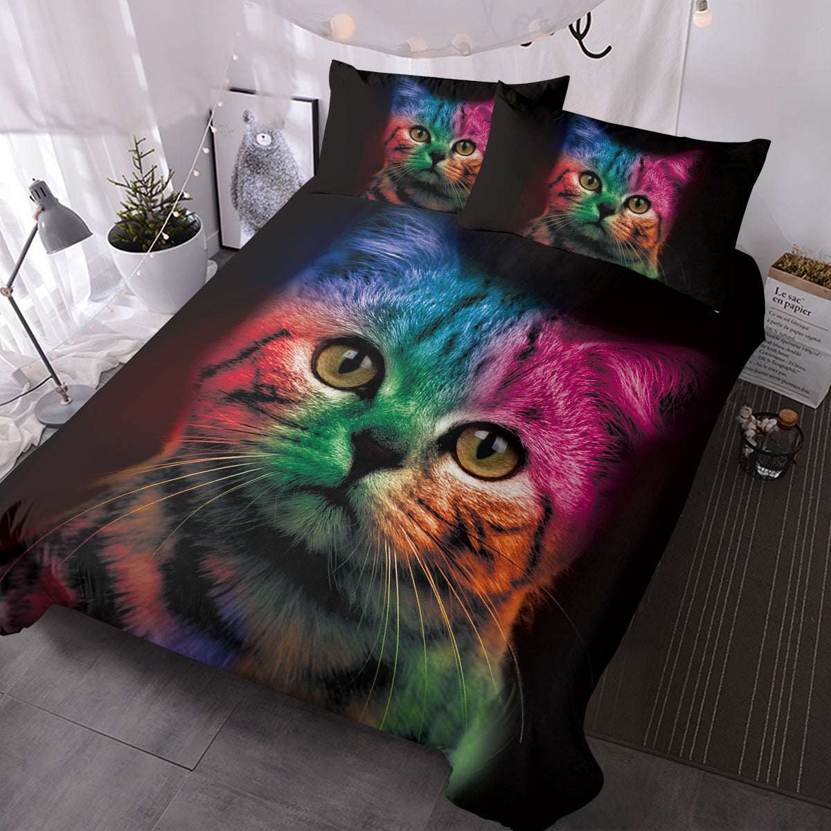 Cat Bedding For Kids Girls Boys Cute Colorful Cat Pattern Quilt Cover Bedspread 3 Piece Bold Color Black Animal Duvet Cover Set For Single Bed