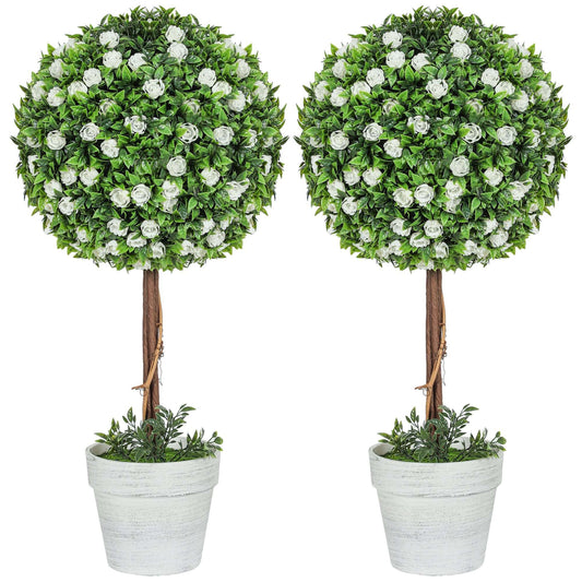 Set Of 2 Decorative Artificial Plants, Ball Topiary Tree With Rose Flower In Pot, Fake Plants For Home Indoor Outdoor Decor, 60cm, White