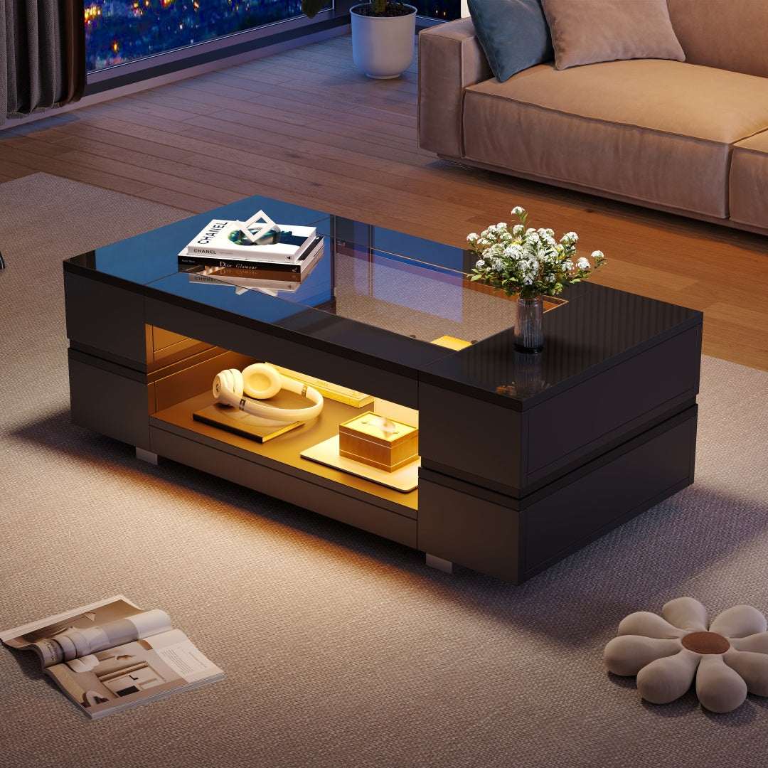 Black High‑Gloss LED Hollow Coffee Table with Glass Top