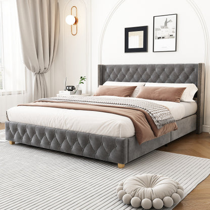 Sienna Velvet Double Bed Frame 4ft6 – Grey Buttoned Headboard