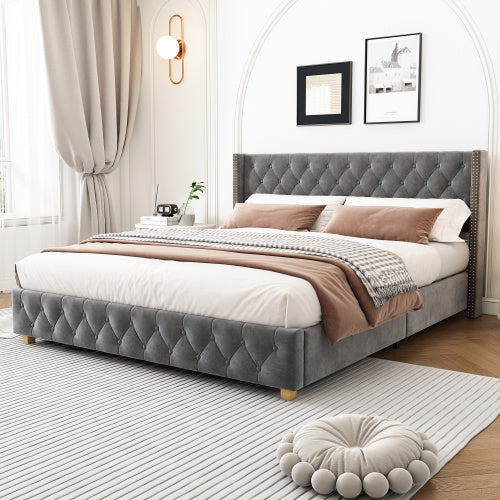 Sienna Velvet Double Bed Frame 4ft6 – Grey Buttoned Headboard