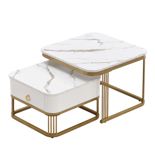 Nestable Coffee Tables Set of 2 – High-Gloss Marble with Gold Accents & Drawer