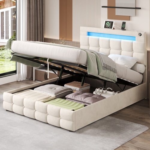 Beige 4ft6 Velvet Ottoman Bed with Hydraulic Storage, LED Lighting & Charging Ports