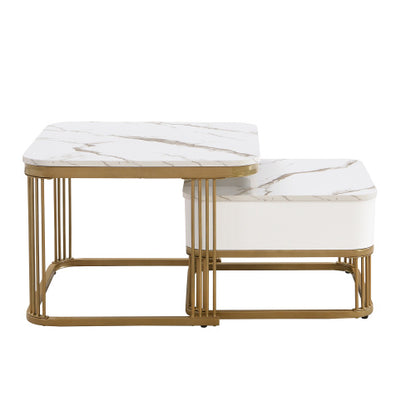 Set of 2 High‑Gloss Marble Nesting Coffee Tables with Gold Accents & Drawer