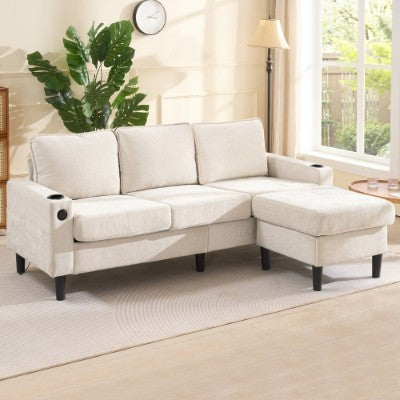 Beige L‑Shaped 3‑Seater Sofa with USB & Cup Holders