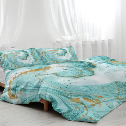 Mint Marble Glitter Duvet Cover Set – 3‑Piece Double Bedding