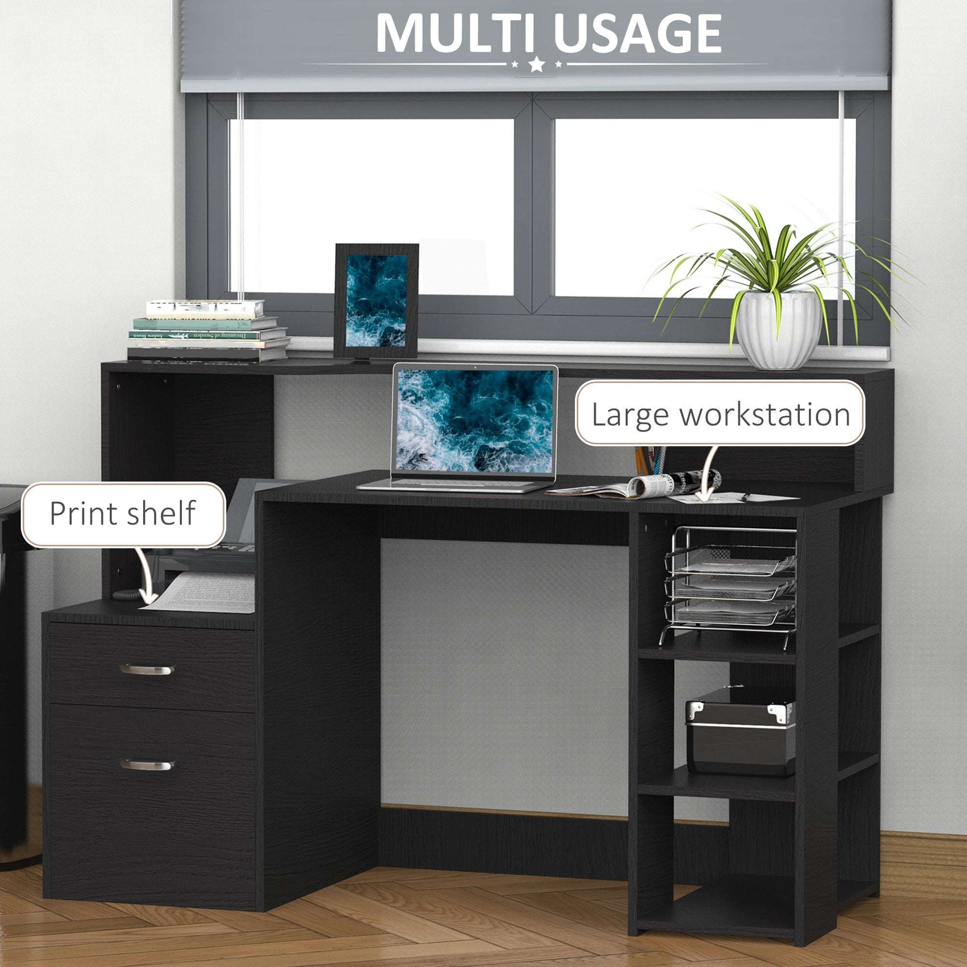 Computer Desk With Drawers And Storage Shelves, Office Desk Writing Table With Printer Stand, Large Workstation For Study Play Work Home Office, 137 X 55 X 92cm, Black