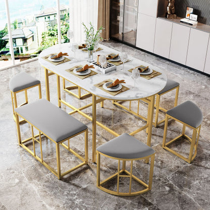 White & Gold Dining Table Set with 6 Stools