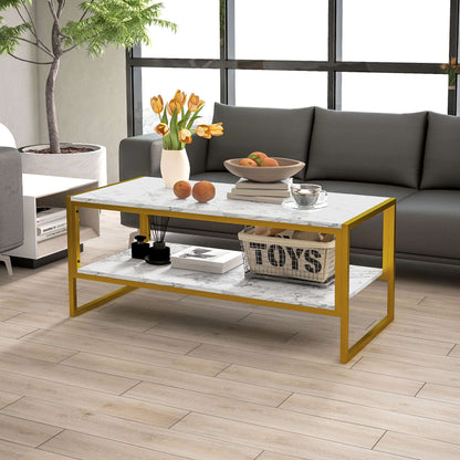 Two Tier Faux Marble Coffee Table with Metal Frame – White