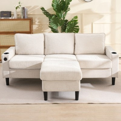 L-Shaped Corner Sofa 3-Seater – Sectional Couch with USB & Cup Holder, Beige