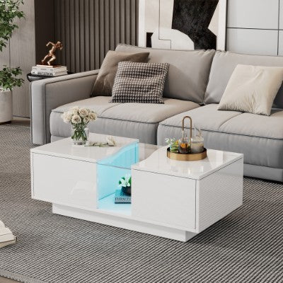 White High‑Gloss LED Coffee Table with 2 Drawers – 16‑Color App‑Controlled Centre Table