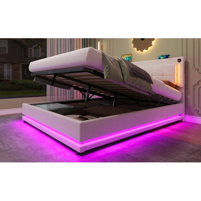 Beige 4ft6 Velvet LED Hydraulic Storage Bed with USB & Type‑C Charging Station