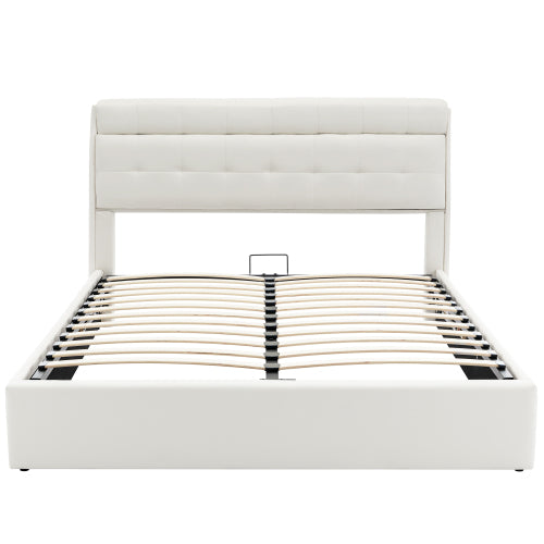 Fashion Upholstered Bed,150x200  5ft, King Bed,Hydraulic Bed,Concealed Headboard Storage,Bed Box Storage,PU,With Slats And Headboard,Without Mattress,Cream White