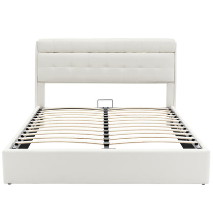 Fashion Upholstered Bed,150x200  5ft, King Bed,Hydraulic Bed,Concealed Headboard Storage,Bed Box Storage,PU,With Slats And Headboard,Without Mattress,Cream White