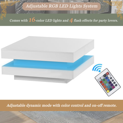 White Square High-Gloss Coffee Table 70x70cm – 360° Rotating Top with 16-Color LED