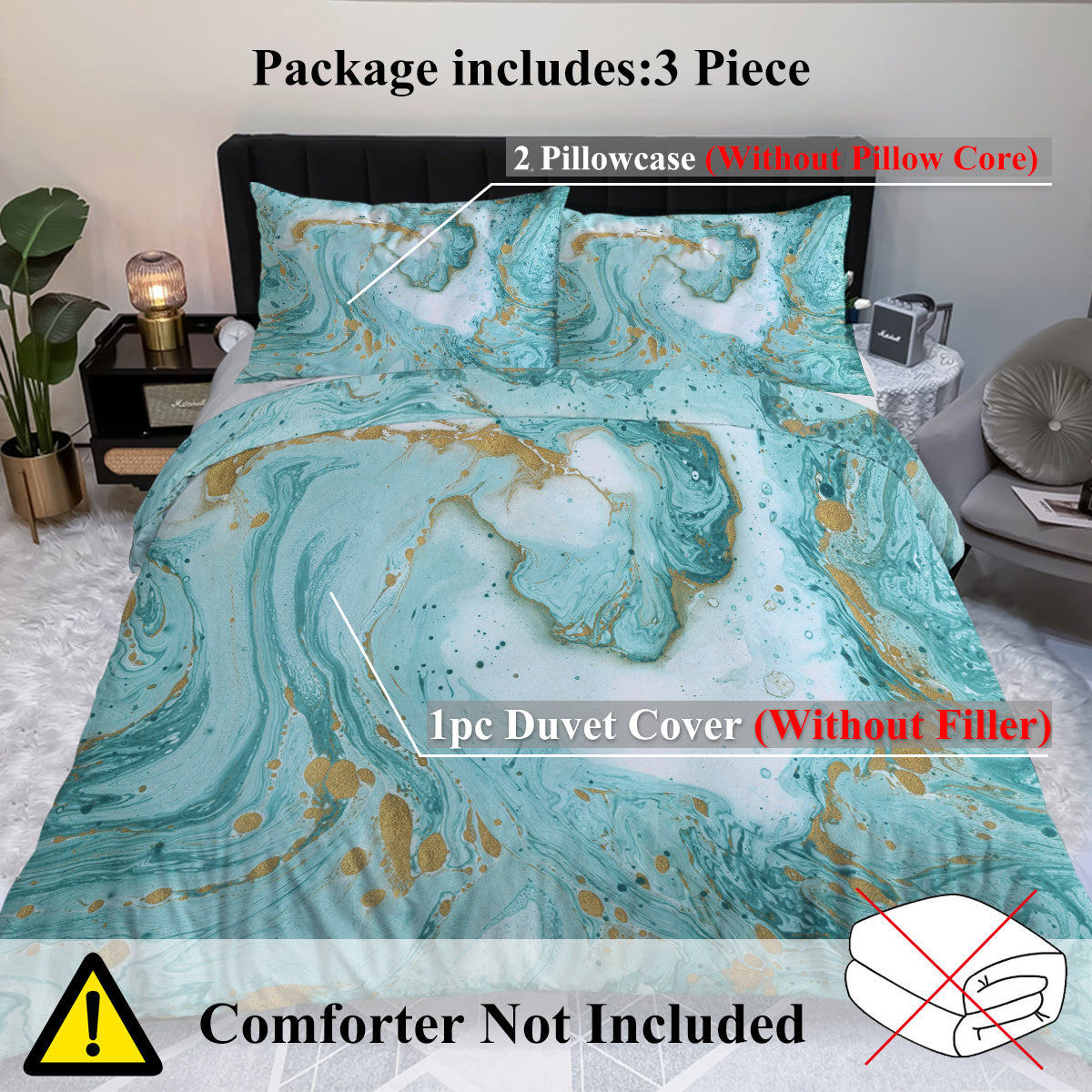 Celestial Mint Marble Duvet Cover Set | Turquoise & Gold Glitter Abstract Print Bedding, 3-Piece Double/Full Size with 2 Pillow Shams