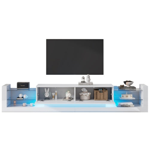 Open Glass Storage TV Stand With LED Lights For TV Cabinets Up To 75 Inches High Gloss Panel, Modern Minimalist Style Media Entertainment Center Console Cabinet Table With 2 Closed Sliding Door, White