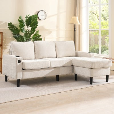 L-Shaped Corner Sofa 3-Seater – Sectional Couch with USB & Cup Holder, Beige