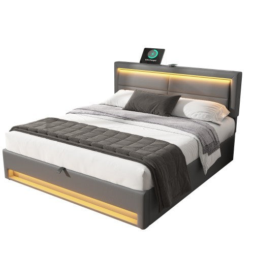 Aura Sync Smart King Bed 5ft – Grey PU with LED, USB & Storage