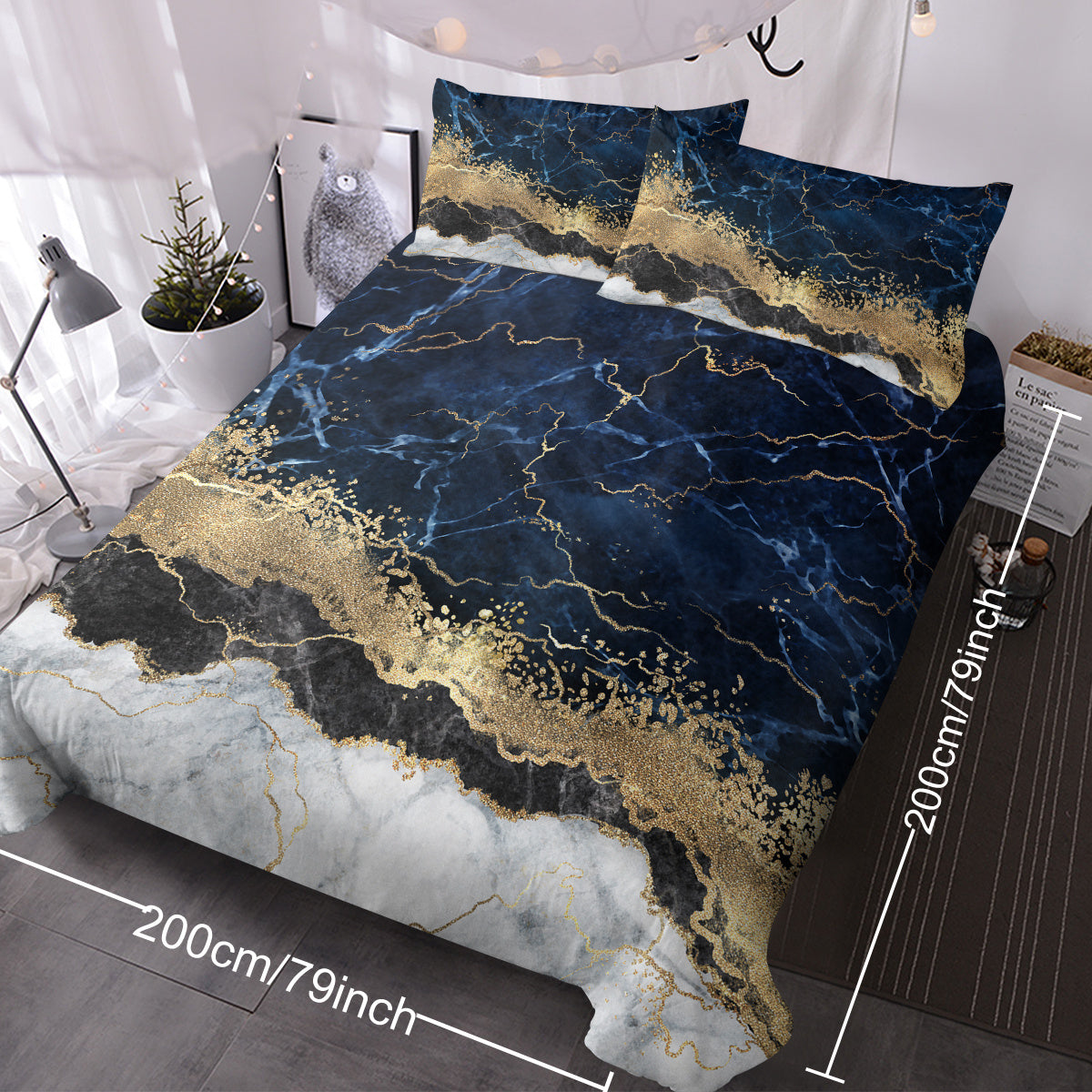 Carrara Noir Marble Duvet Cover Set | Navy Blue & Gold Marble Print Bedding Set, King Size 3-Piece with 2 Pillowcases