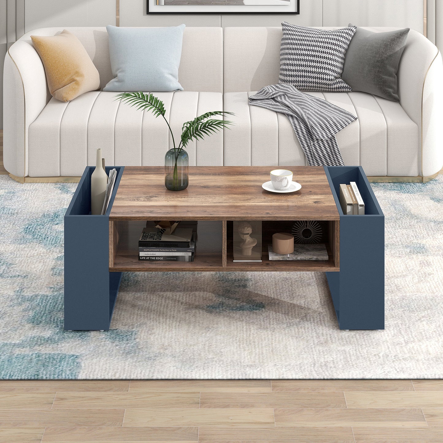 Wood Grain Coffee Table with Handleless Drawer & Double‑Sided Storage – Black/Grey