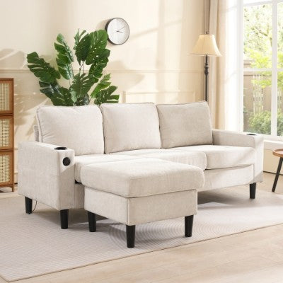 Beige L‑Shaped 3‑Seater Sofa with USB & Cup Holders