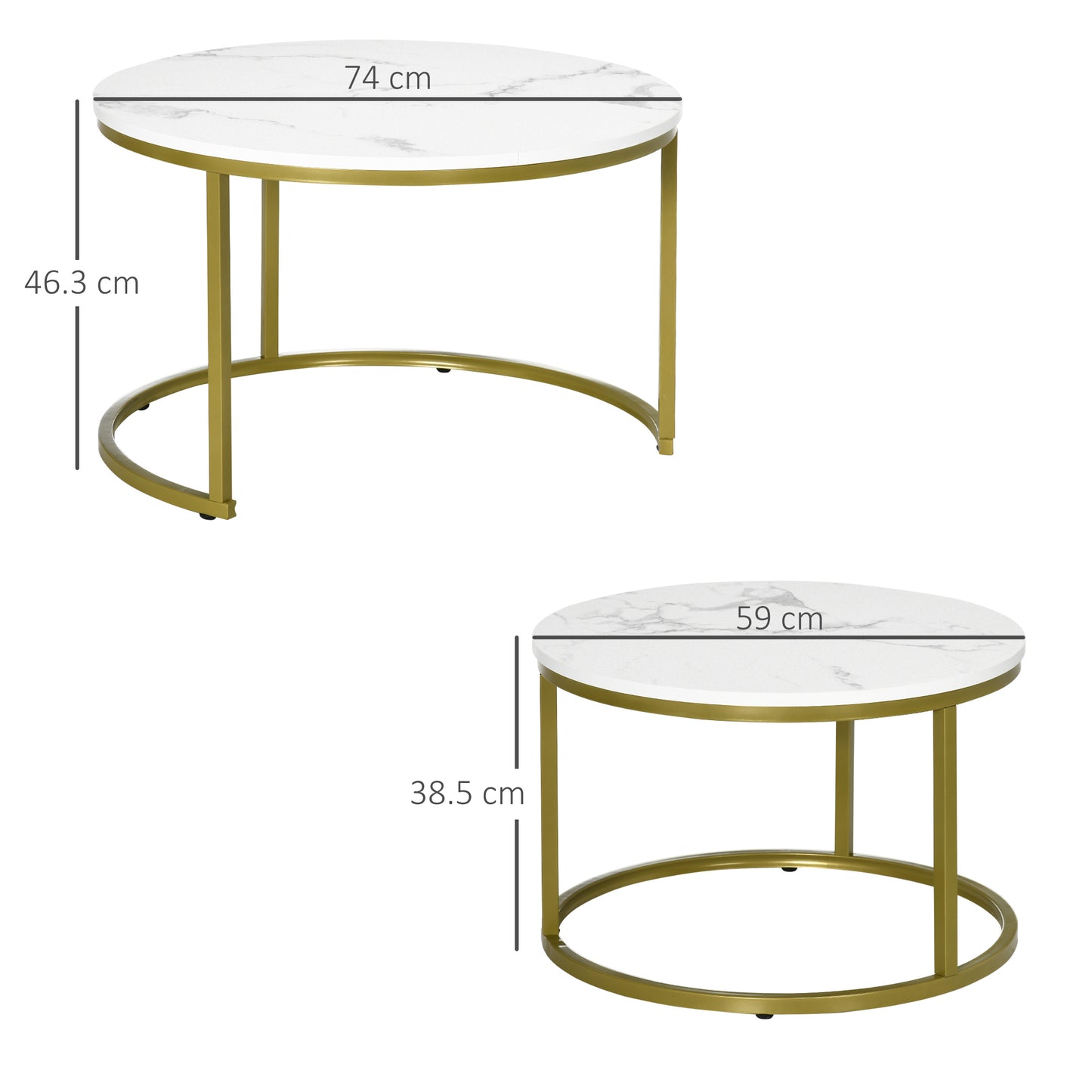 Set of 2 Round White Nesting Coffee Tables with Gold Metal Frame